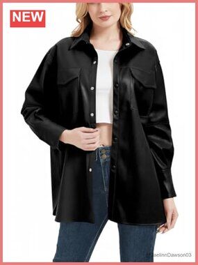 Faux Leather Shacket Button Down Relaxed Fit Vegan Leather Jacket